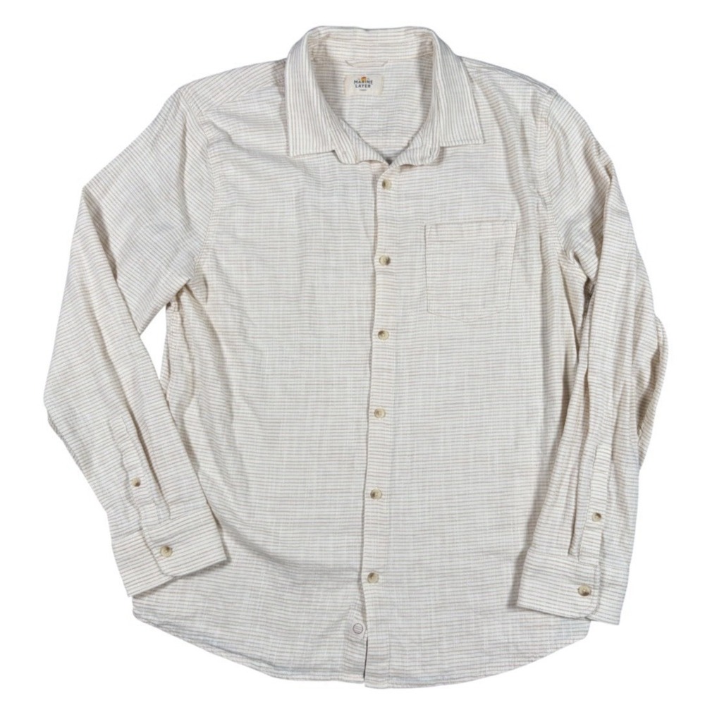 MARINE LAYER Men's Button Down Long-Sleeve Striped Stretch Shirt Beige Sz L Soft